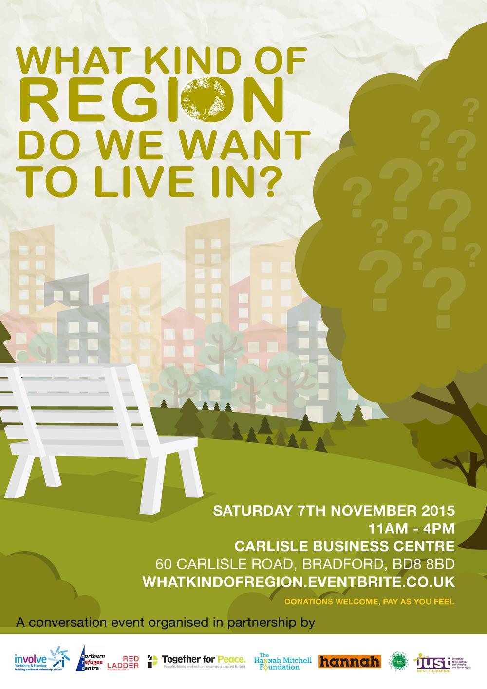 Image of the flyer for the What Kind of Region Do We Want To Live In? event in Manningham, Bradford