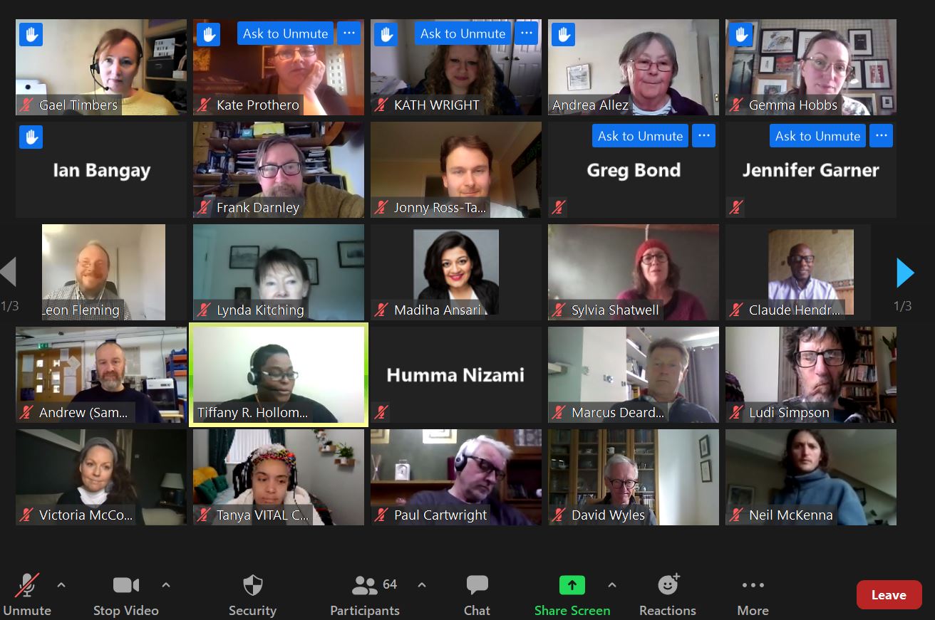 A screenshot of Zoom screen showing some the people attending Listening to West Yorkshire